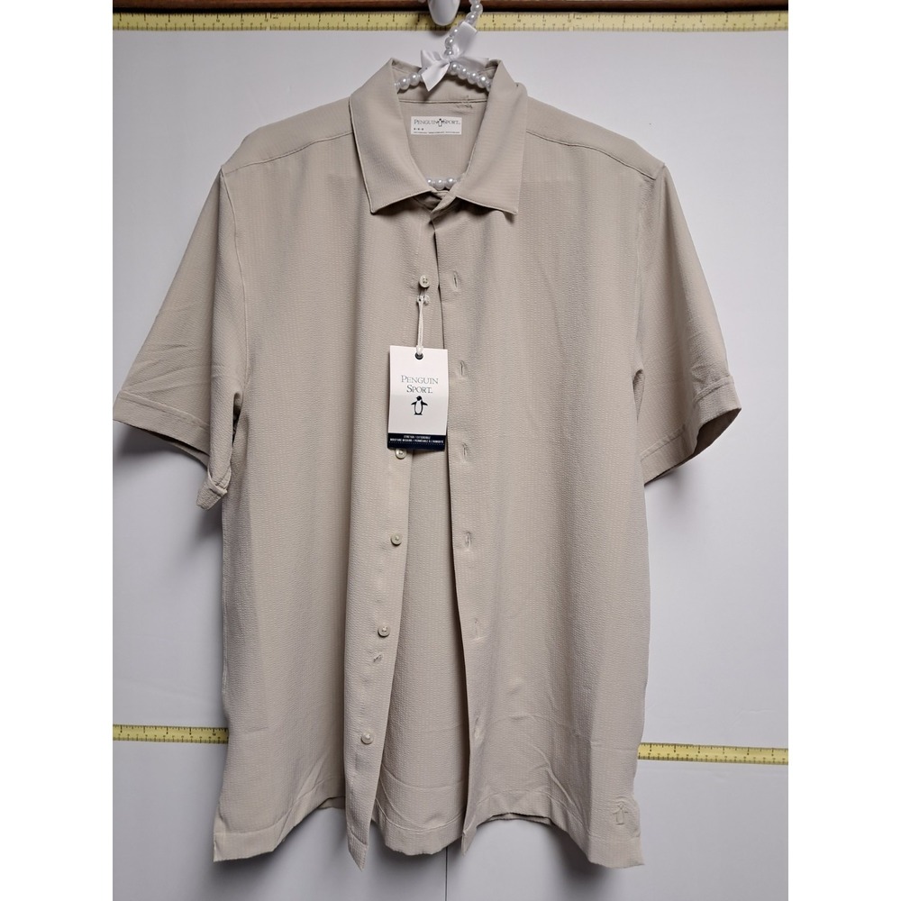 Mens Penguin Sport Agate Gray Short Sleeve Shirt. NWT. Size Med.‎ Small Hole...